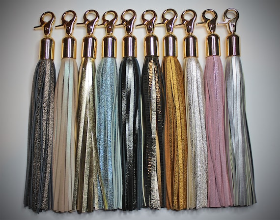 Metallic Leather Tassel Keychain: Purse Charm, Fringe Decor