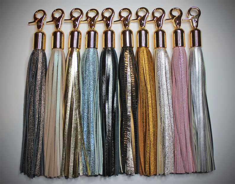 Pu&ograve; includere: Dieci portachiavi con nappe colorate e chiusura dorata. Le nappe sono in pelle e hanno una variet&agrave; di colori, tra cui nero, oro, argento, rosa e blu.