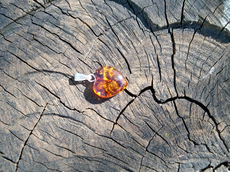 May include: A heart-shaped amber pendant with inclusions, set on a silver chain, resting on a weathered tree stump.