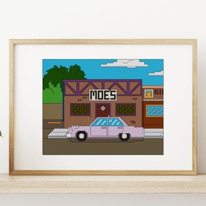 Moe&#39;s Tavern with Homer&#39;s Car - The Simpsons - Modern Cross Stitch - Pattern/PDF instant download, Cross Stitch Chart, Hoop Art,