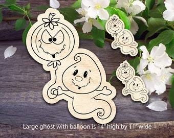 May include: Two wooden cutouts of a ghost holding a pumpkin balloon. The larger ghost is 14 inches high by 11 inches wide. The smaller ghost is holding a smaller pumpkin balloon. The cutouts are on a wooden background with white flowers.