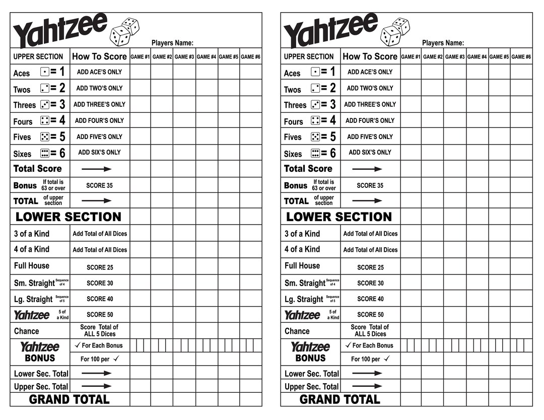 Yahtzee Score Sheet Pdf Etsy