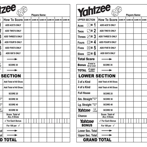 Yahtzee Score Sheet pdf