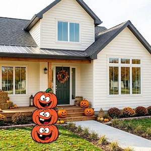 May include: A digital graphic featuring a stack of three cartoon pumpkins with smiling faces, positioned in front of a house with white siding and a dark green front door. A vertical column of file format icons including AI, PDF, EPS, SVG, PNG, and JPG.