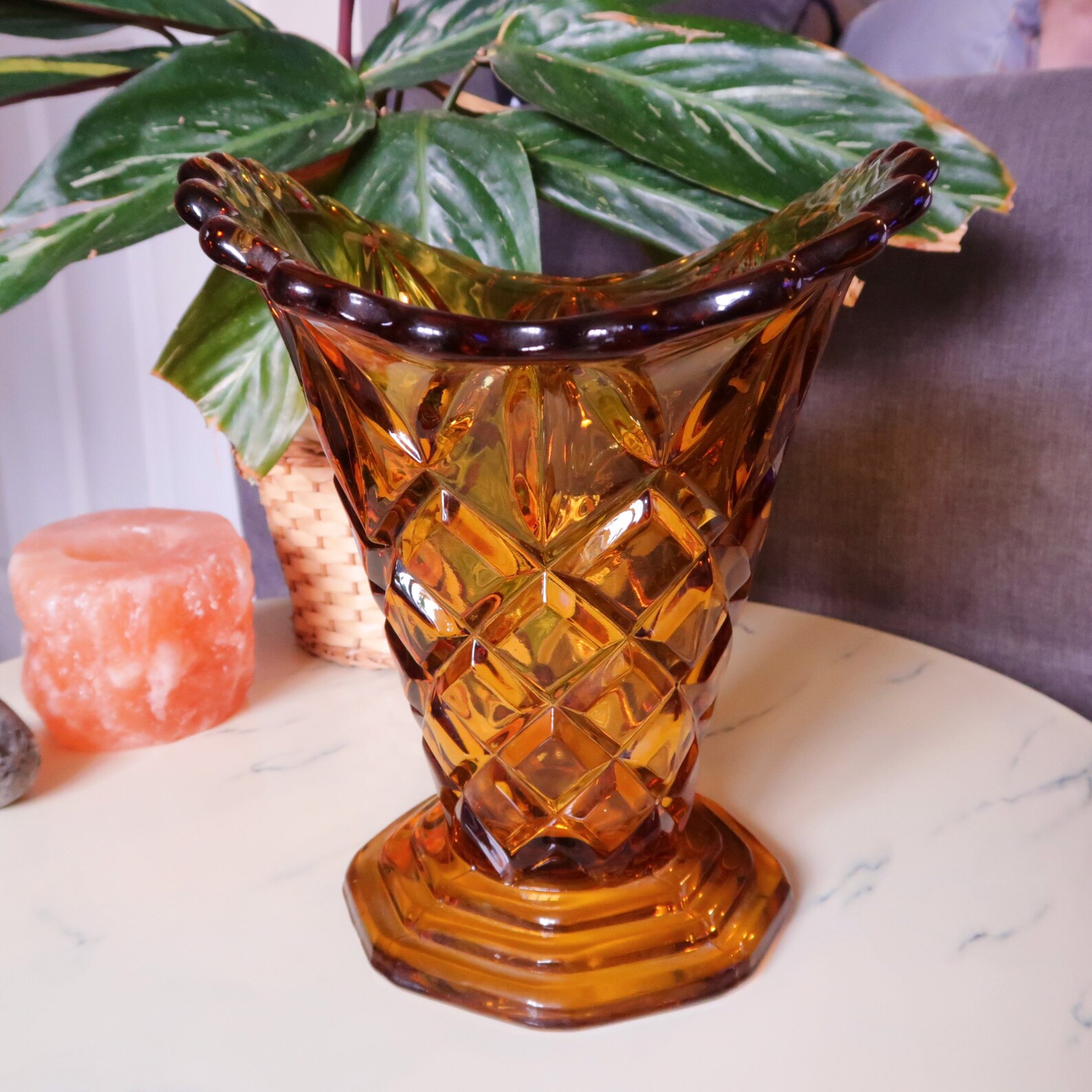 Vintage 1930s Amber Glass Art Deco Fan Vase Etsy