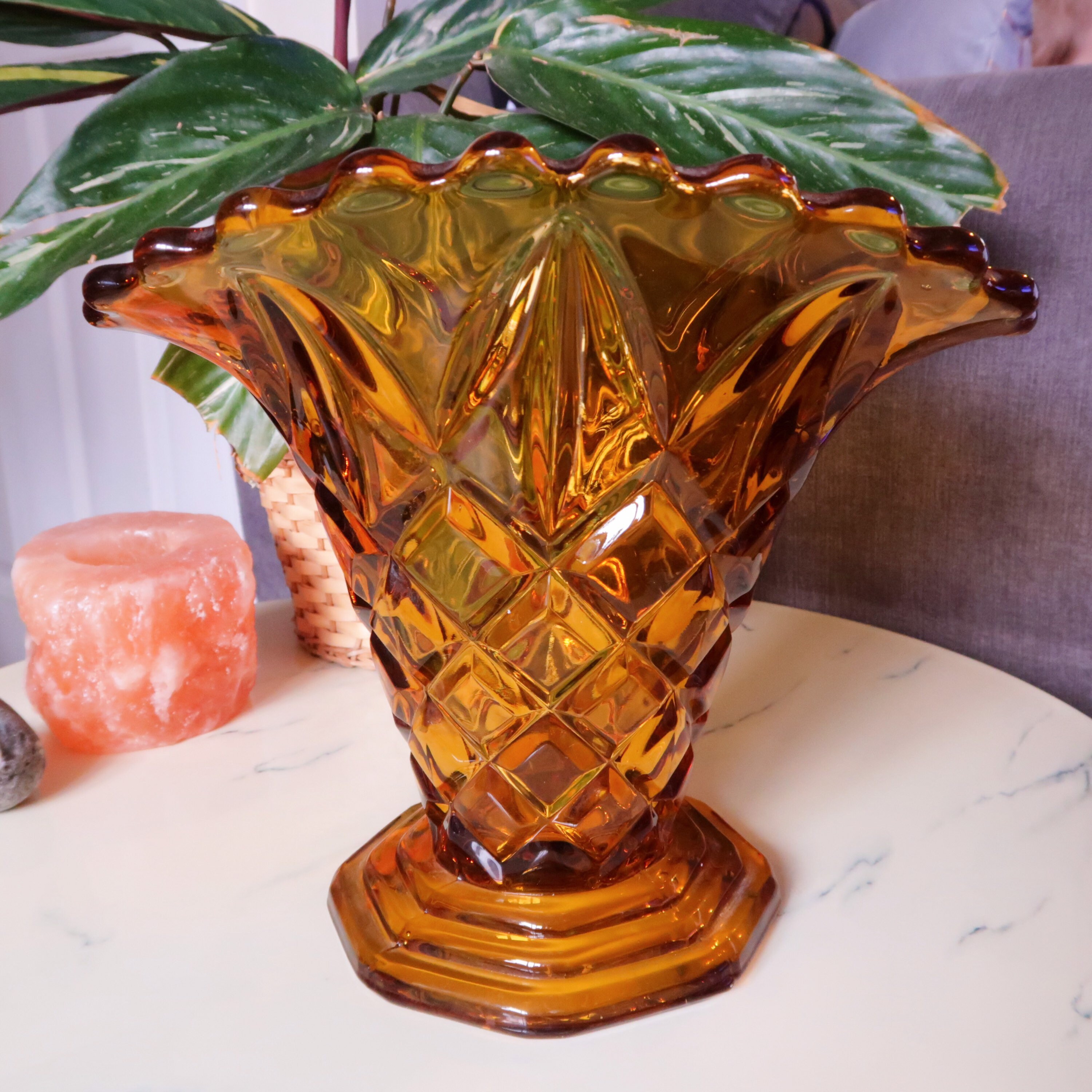 Vintage 1930s Amber Glass Art Deco Fan Vase Etsy