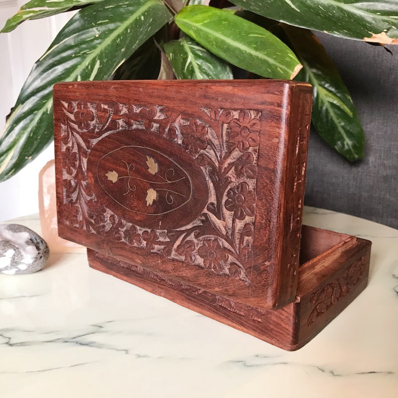 Hand Carved Wooden Floral Trinket Jewellery Box