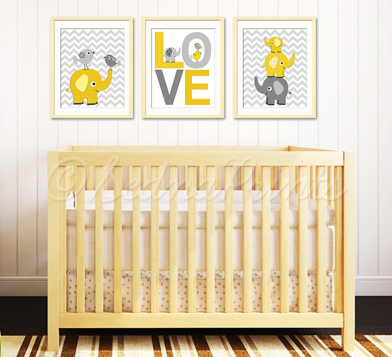 Yellow Grey Elephant Nursery Art Print Set Chevron Love Etsy Australia