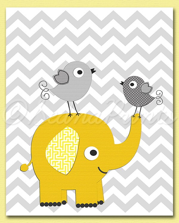Yellow Grey Elephant Nursery Art Print Set Chevron Love - Etsy Australia