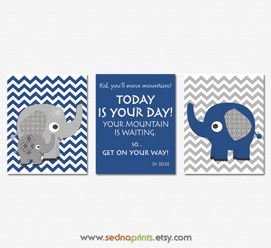 Navy and Grey Elephant Nursery Art Print Set 8x10 Baby Boy Room Decor, Elephant Family, Chevron