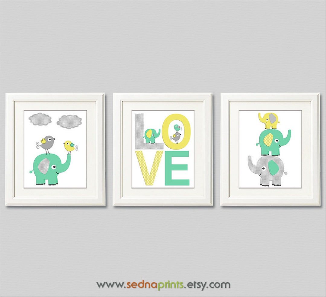 Mint Yellow and Grey Elephant Nursery Art Print Set Baby - Etsy