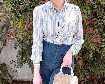 1970's Vintage Blue & White Striped Button Up Blouse