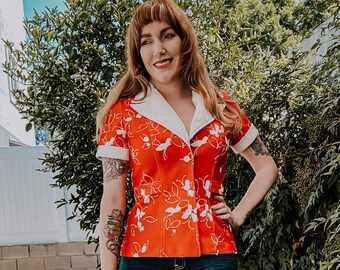 1970's Vintage Diner Red Floral and Butterfly Print Blouse