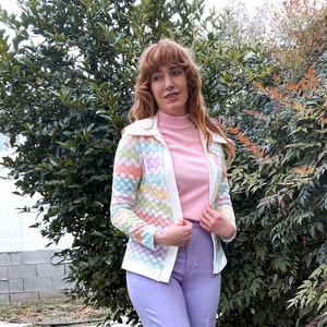 1970's Vintage Pastel Zigzag Knit Sweater Shirt Set image 1