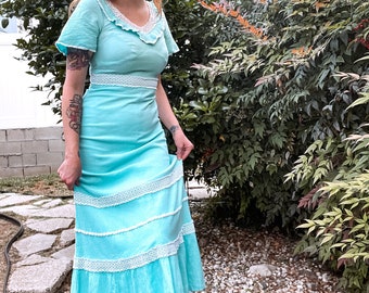 1970's Vintage Turquoise Flutter Sleeve  Ruffle Hem Maxi Dress