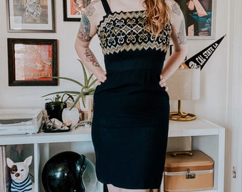 Vintage Navy Cross Stitch Pencil Dress