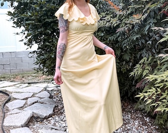 1970's Vintage Pastel Yellow Flutter Sleeve Maxi Dress