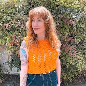 1970's Vintage Tangerine Orange Crochet Knit Sleeveless Top image 1