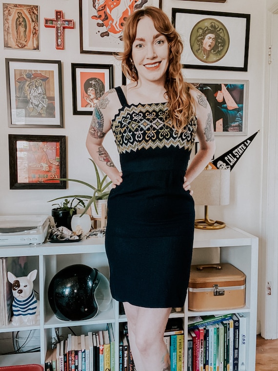 Vintage Navy Cross Stitch Pencil Dress Gem