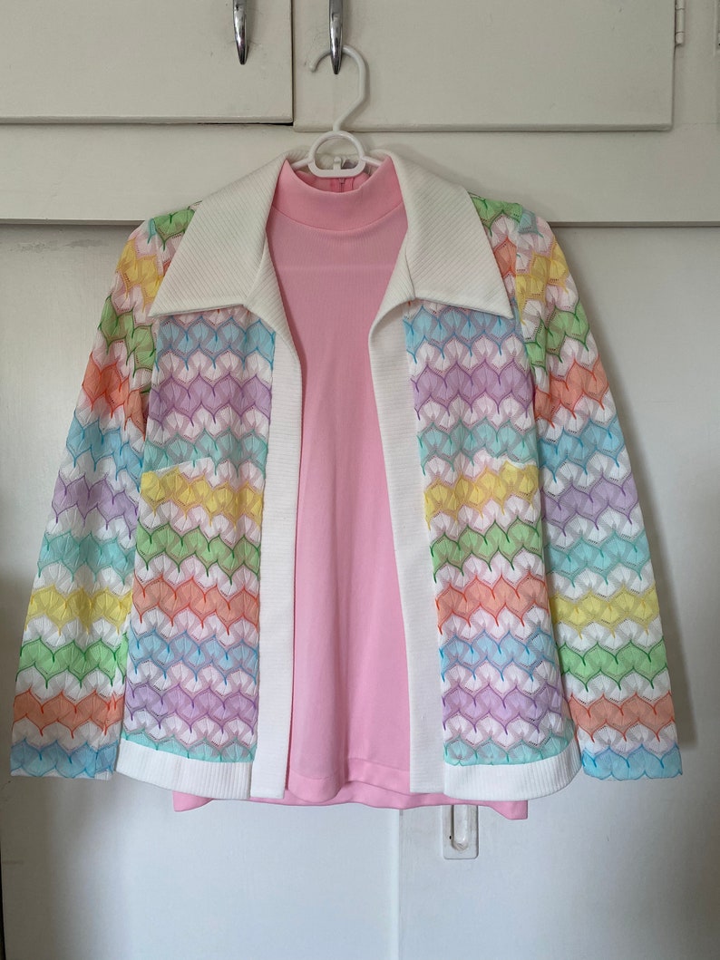 1970's Vintage Pastel Zigzag Knit Sweater Shirt Set image 3