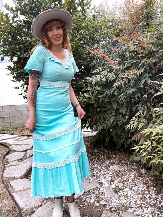 1970's Vintage Turquoise Flutter Sleeve Ruffle Hem Maxi Dress