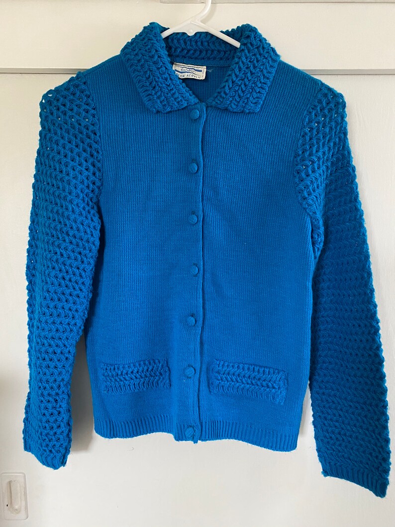 Vintage 1960's Dupont Turquoise Blue Crochet Cardigan image 3