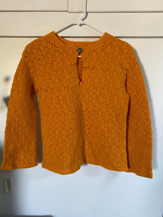 1970's Vintage Tangerine Crochet Bell Sleeve Swea… - image 3
