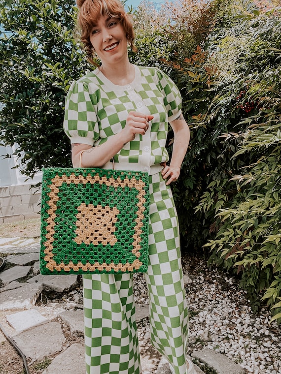 1970's Vintage Green & Yellow Granny Squares Croc… - image 2