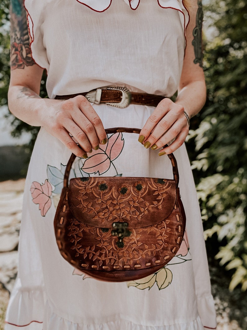 Vintage Small Tooled Leather Handbag image 1
