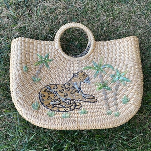 Sequin Leopard Embroidered Straw Purse image 4