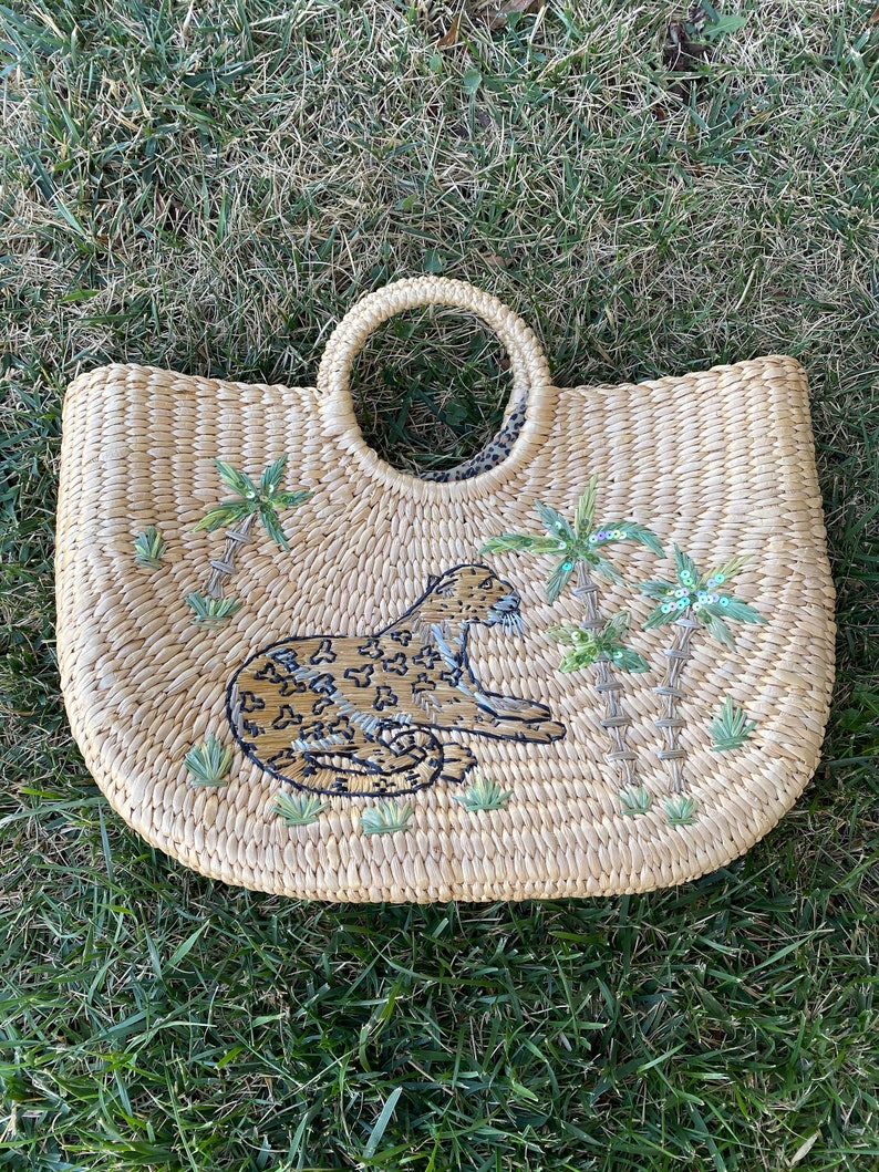 Sequin Leopard Embroidered Straw Purse image 4