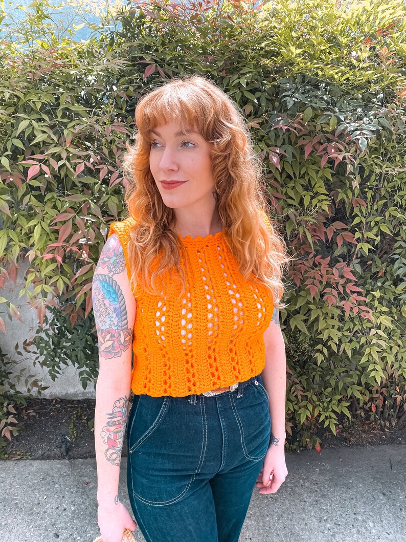 1970's Vintage Tangerine Orange Crochet Knit Sleeveless Top image 1