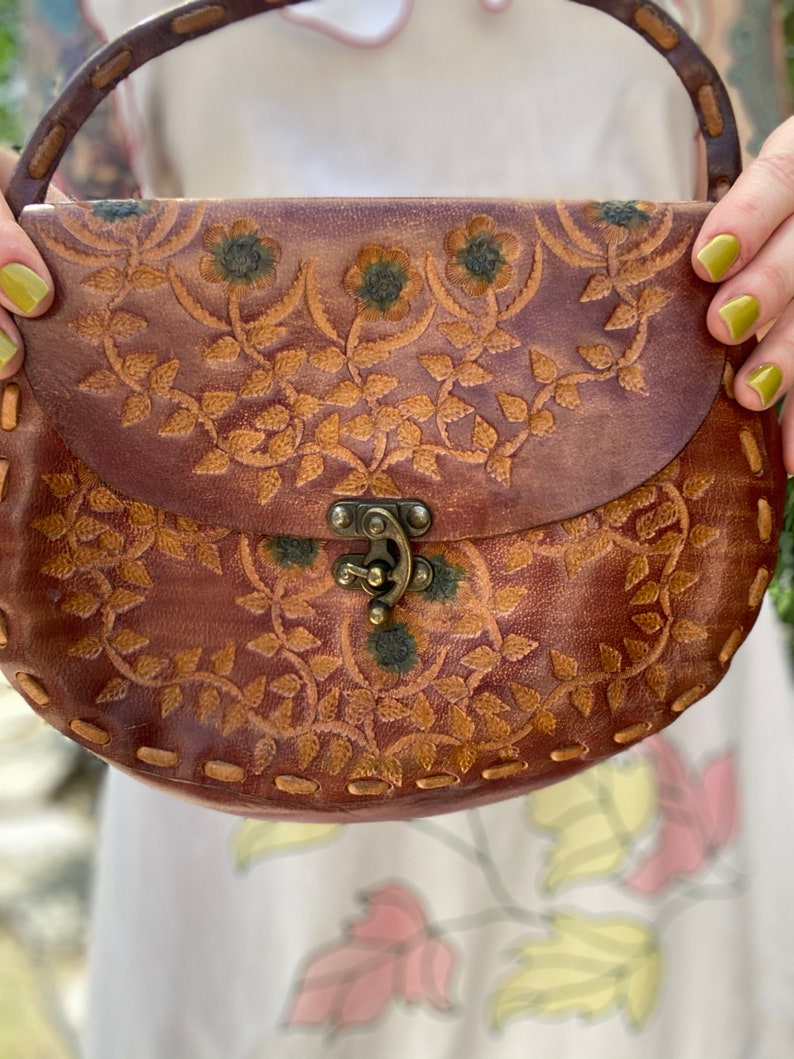 Vintage Small Tooled Leather Handbag image 5