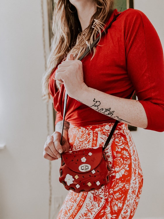 Vintage Mini Red Tooled Leather Purse - image 1