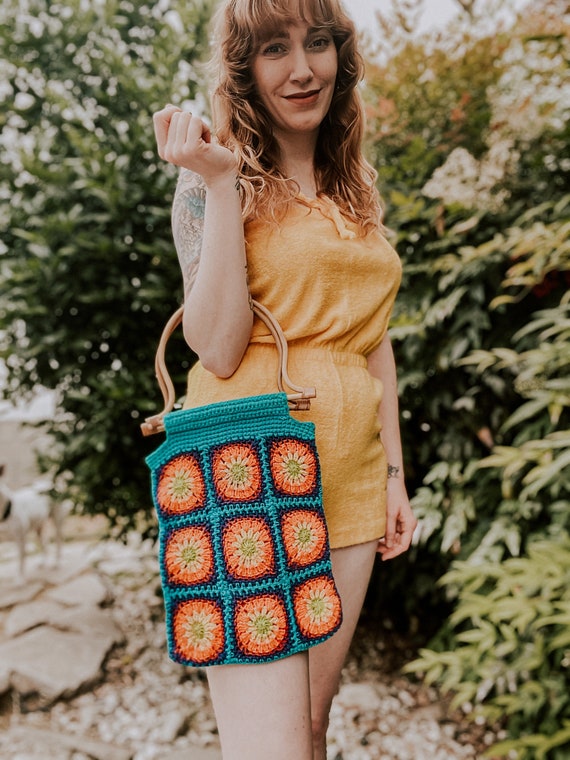 1970's Colorful Crochet Granny Squares Purse