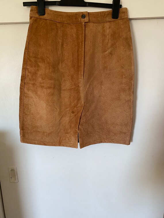 1980's Vintage Camel Suede Leather Mini Skirt - image 4