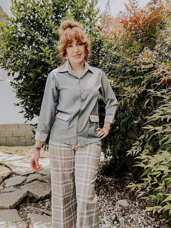 1970's JcPenny Chambray & Pastel Plaid Shirt - image 1