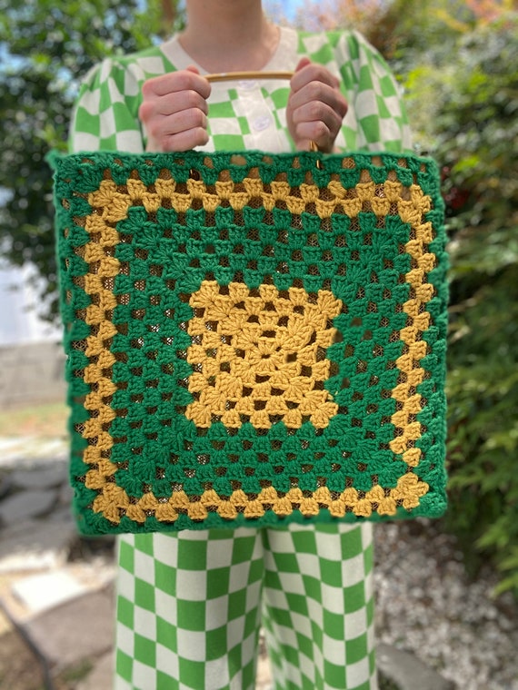 1970's Vintage Green & Yellow Granny Squares Croc… - image 3