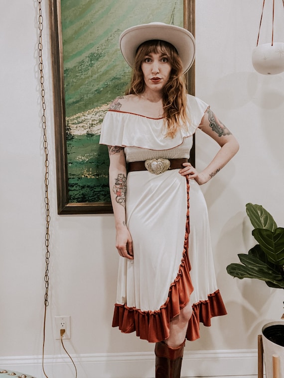 1970's Vintage Cream Ruffle Off The Shoulder Peasant Midi Dress 1970's Vintage Cream Ruffle Off The Shoulder Peasant Midi Dress