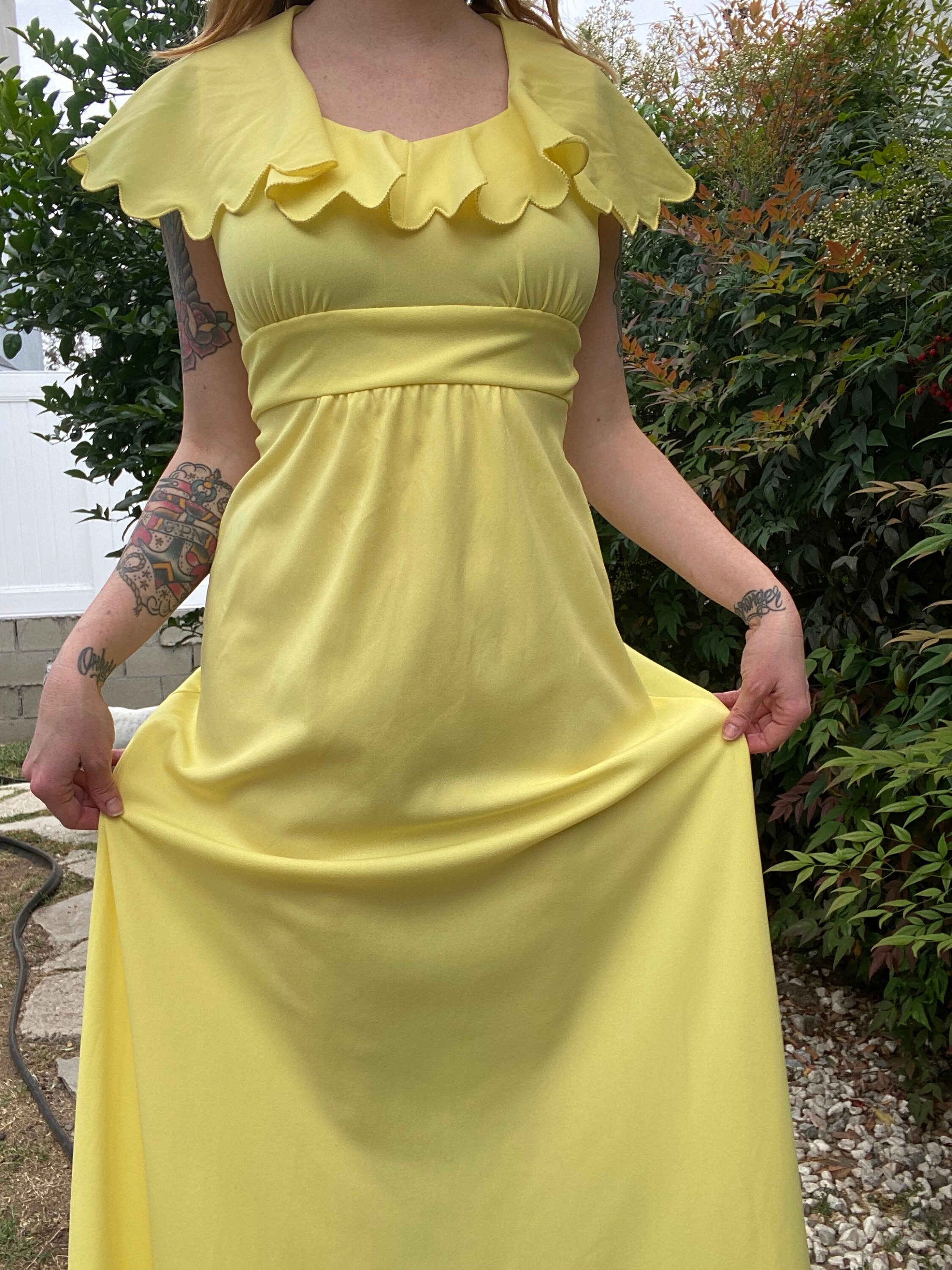 1970's Vintage Pastel Yellow Flutter Sleeve Maxi Dress Etsy