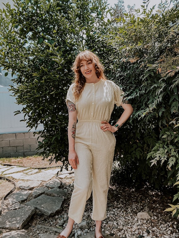 Vintage Cream Chenille Short Sleeve Jumpsuit