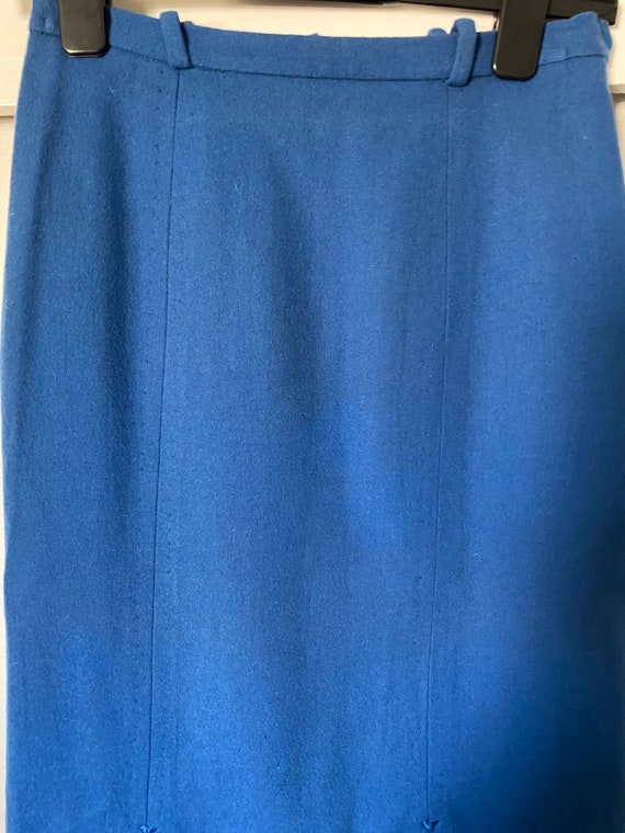YIGAL AZROUEL 14 blue wool pencil skirt w/ black leather trim career