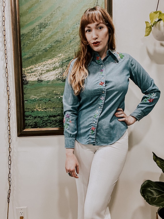 1970's Vintage Chambray Embroidered Shirt - image 1