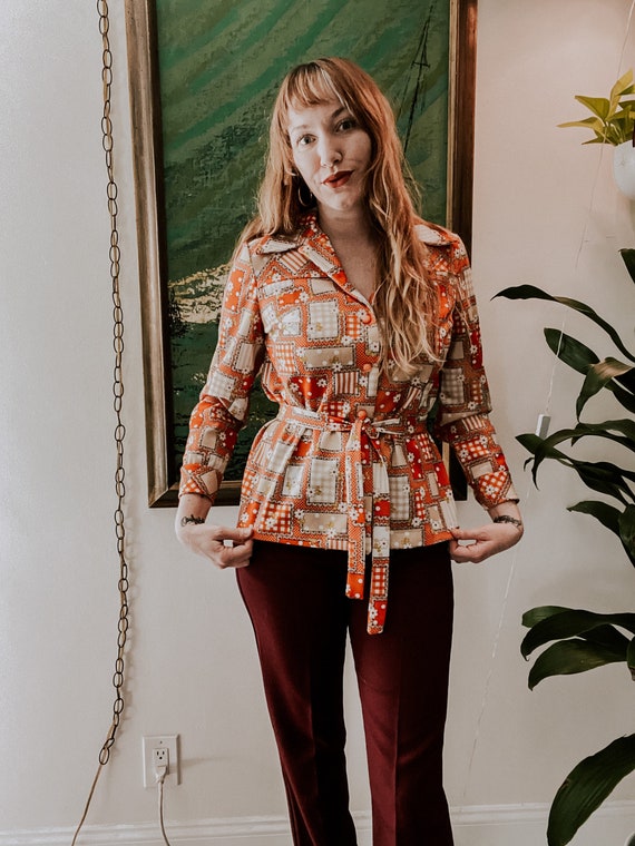 1970's Vintage Orange Patchwork Belted Blouse - image 1