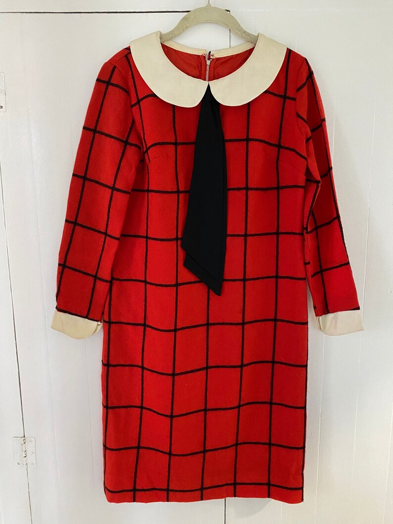 1960's Vintage Red & Black Plaid Peter Pan Collar Dress image 2