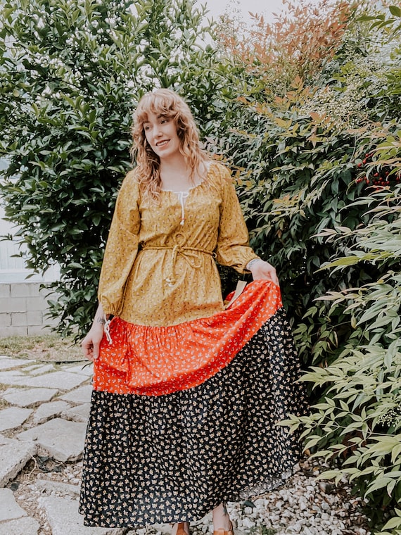 1970 s Vintage Calico Print Tiered Skirt Prairie Dress Etsy Canada