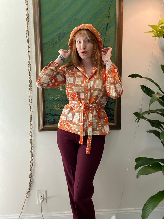 1970's Vintage Orange Patchwork Belted Blouse - image 2