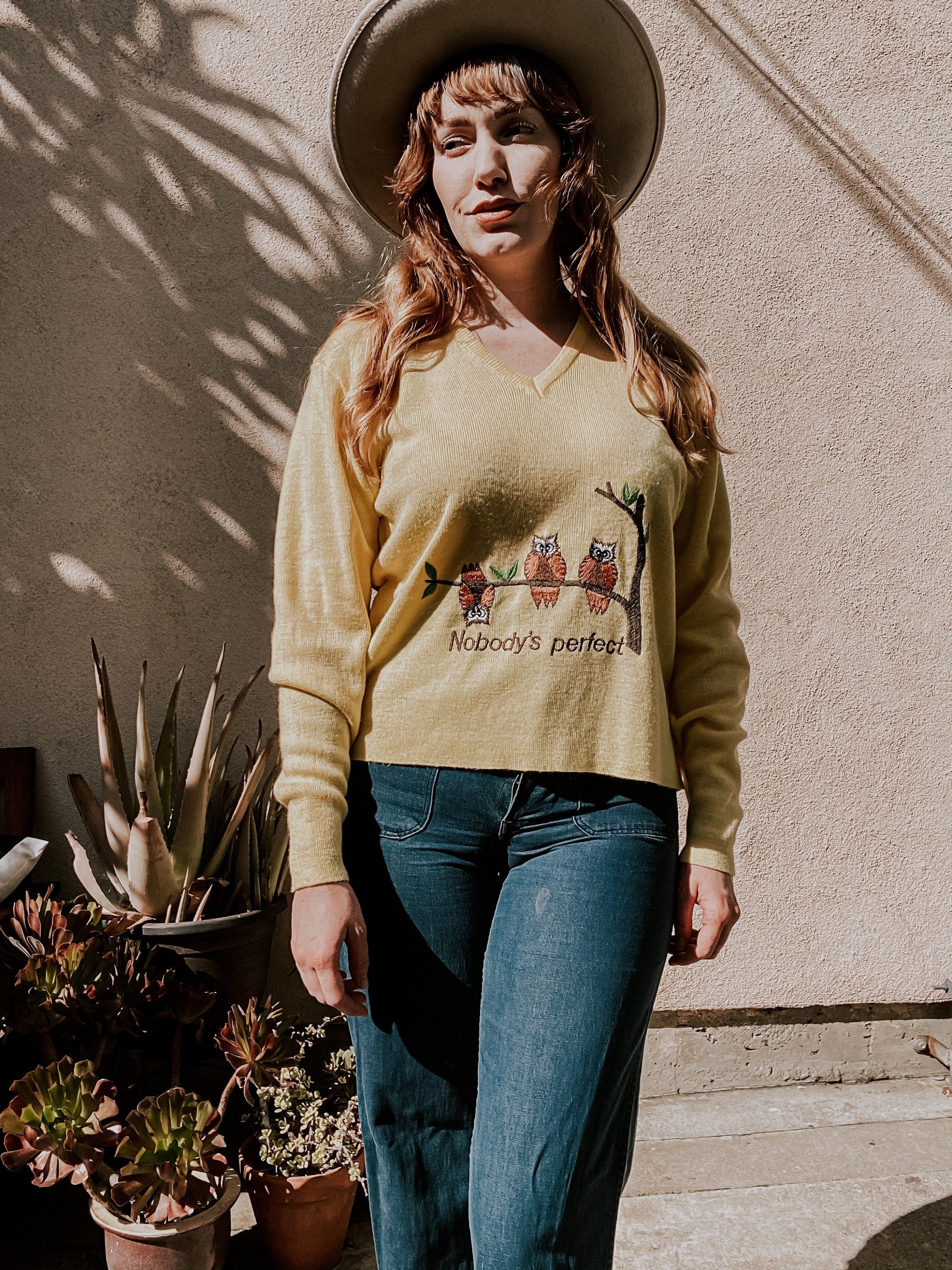 1970's Vintage Owl Embroidered V-Neck Sweater