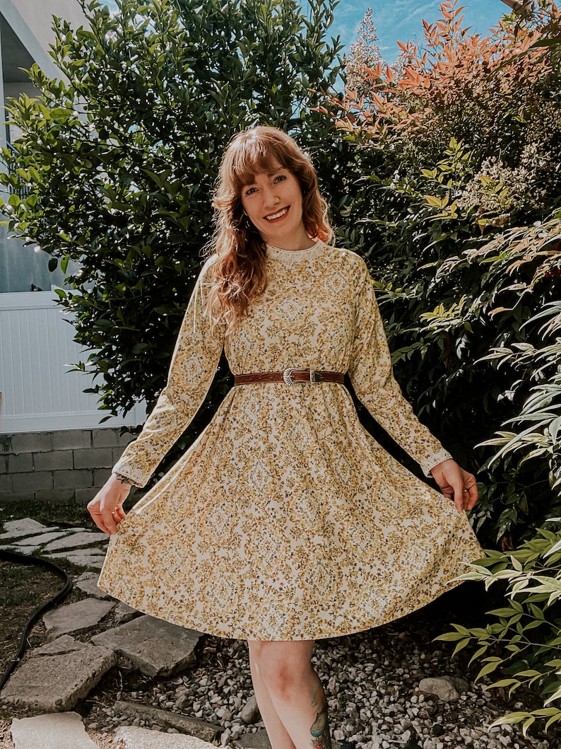 1960's Vintage Yellow Floral Long Sleeve Swing Dress image 0