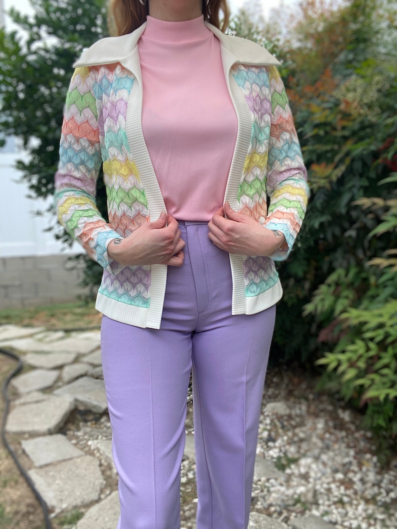 1970's Vintage Pastel Zigzag Knit Sweater Shirt Set image 2